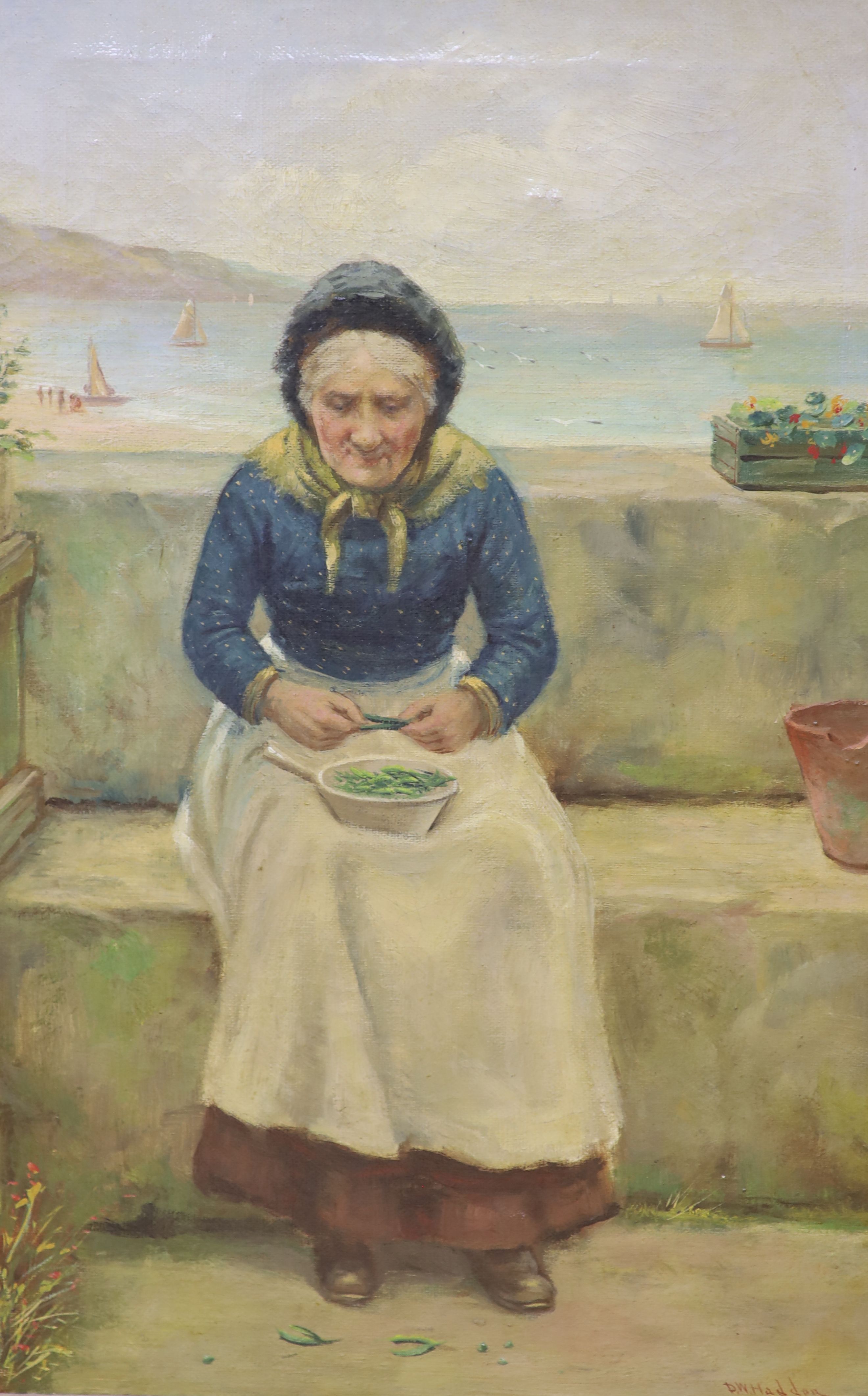 David W. Haddon (active 1884-1911), Shelling Peas, signed, oil on canvas, 45 x 30cm